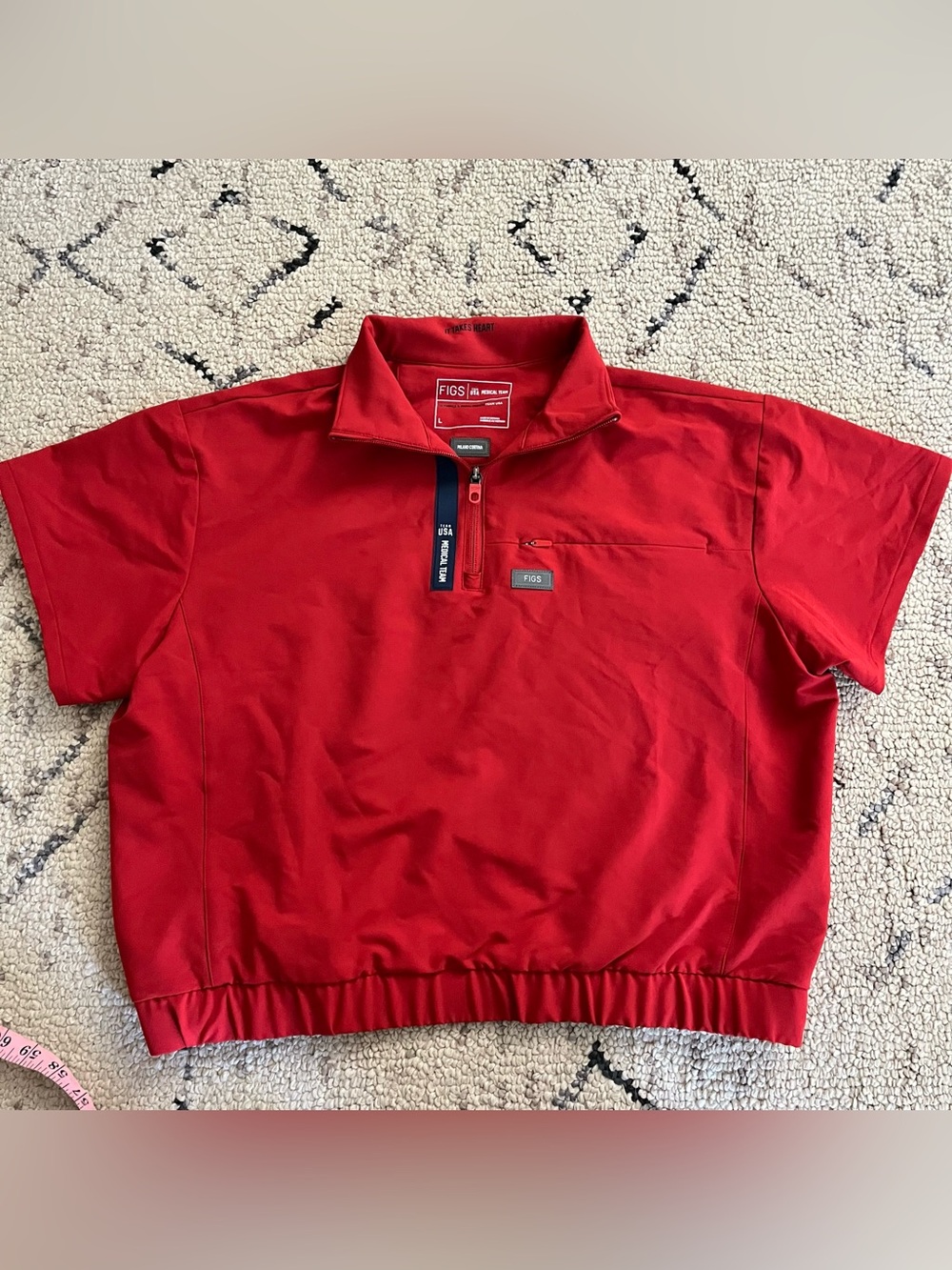 FIGS Team USA Red Short-Sleeve Quarter-Zip Pullover Scrub Top